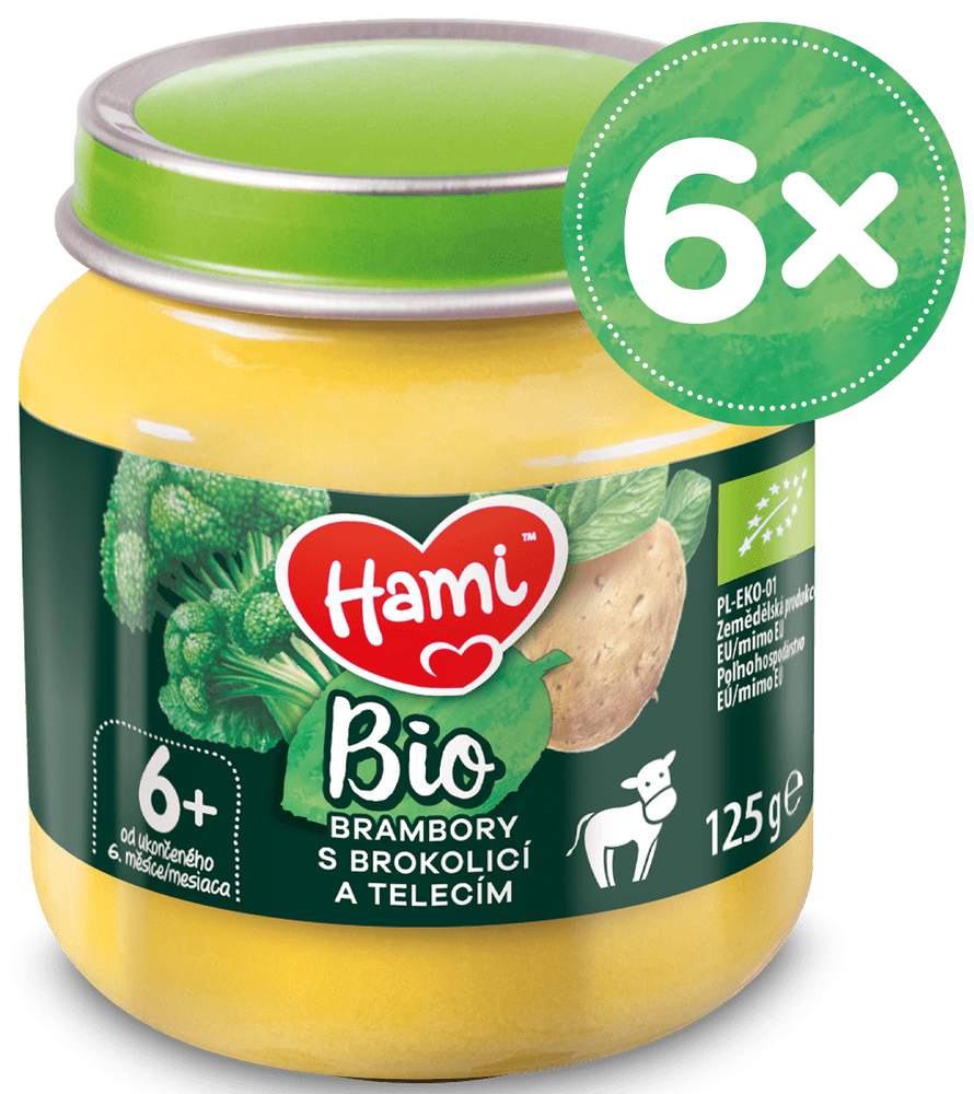 Hami BIO mäsovo-zeleninový príkrm Zemiaky s brokolicou a teľacím 6x 125g, 6+